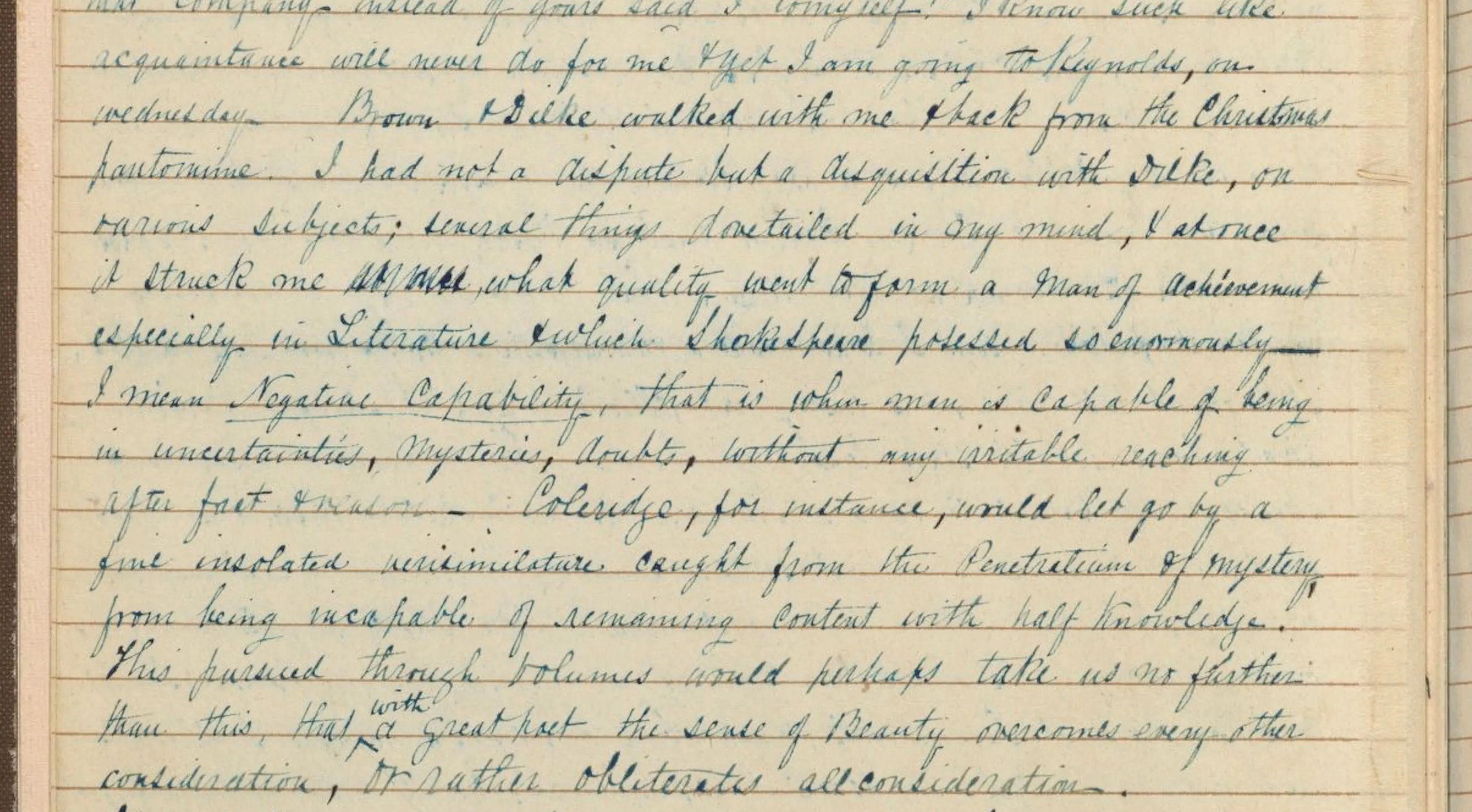 The only existing version of John Keats&rsquo;s &ldquo;negative capability&rdquo; letter—a transcript by John Jeffrey, in Houghton Library, Harvard University. Image source: Keats Letters Project