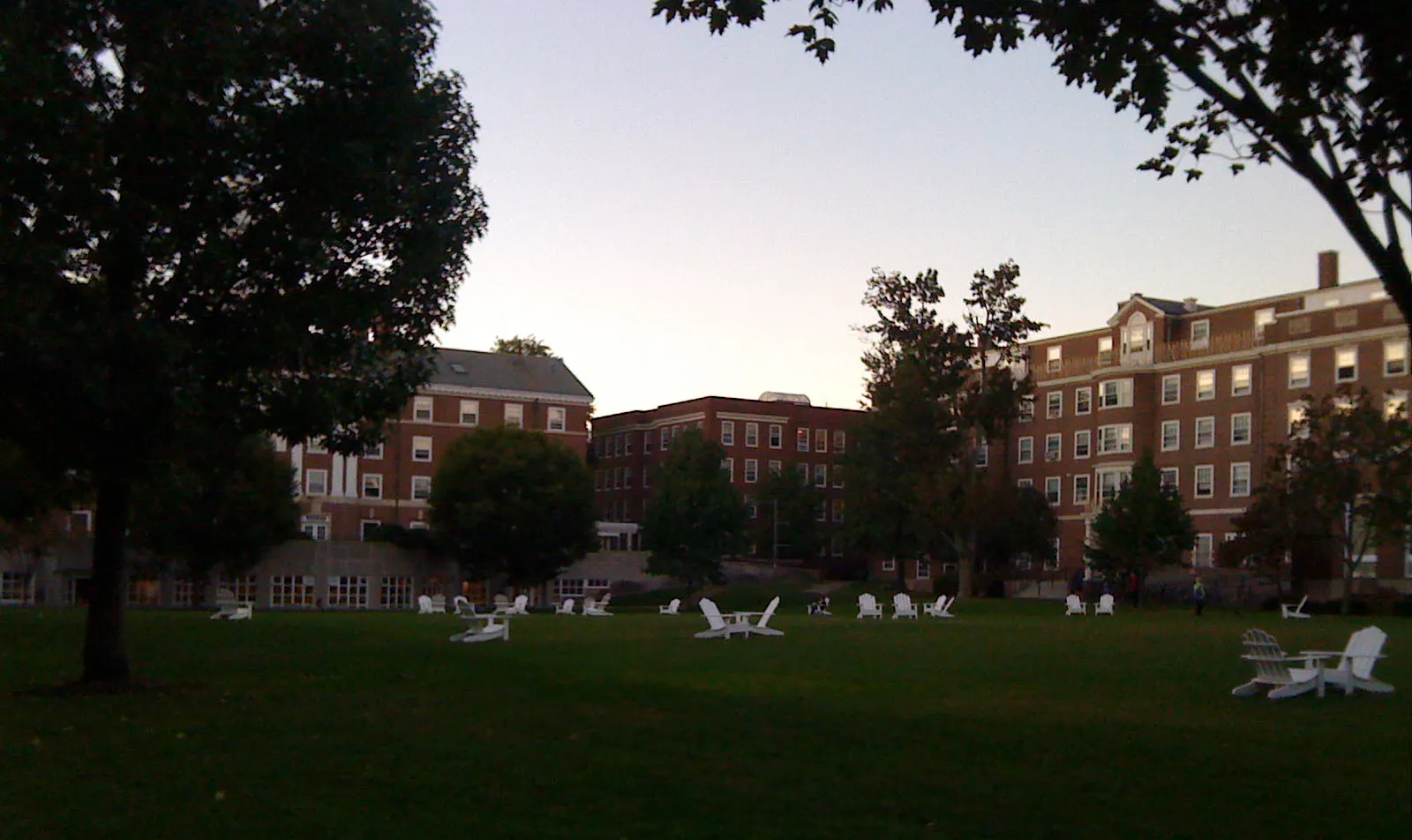 The lawn of Cabot. The dining hall is in the distance, at ground level